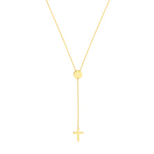 Load image into Gallery viewer, Religious Cross Lariat 14kt Gold Necklace with Disc Accent