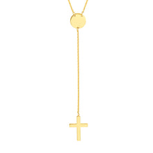 Load image into Gallery viewer, Religious Cross Lariat 14kt Gold Necklace with Disc Accent