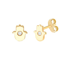 Load image into Gallery viewer, 3pts Diamond Hamsa Earrings 14kt Gold