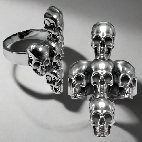 Stainless Steel Small Skull Heads Cross Ring