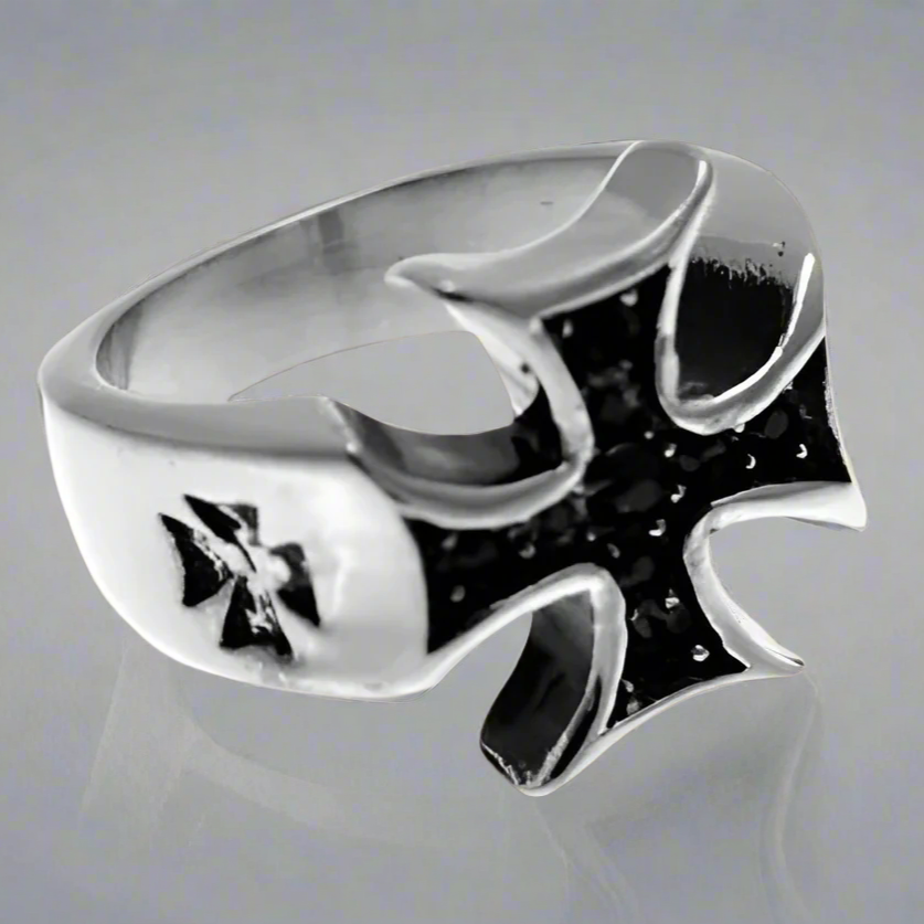 Stainless Steel Maltese Cross Ring Black Colored Stones