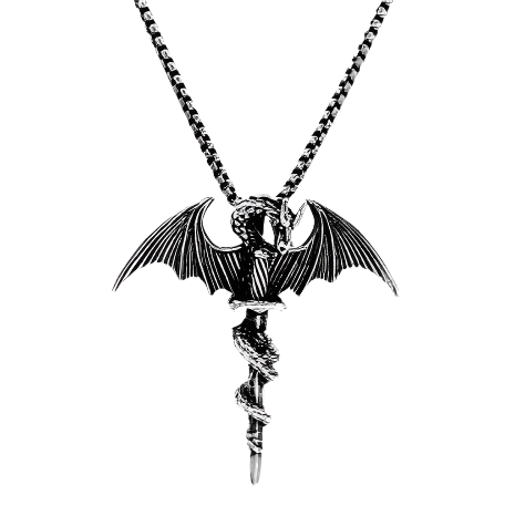 Stainless Steel Dragon on Sword Pendant With Roll Chain 22”