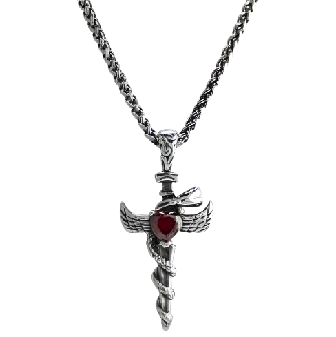 Stainless Steel Cross Snake Red Gemstone Heart and Dagger With a Chain 28”