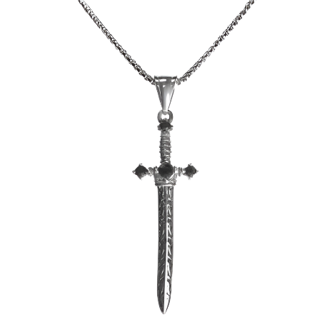 Stainless Steel Cross Sword Pendant With Black Gemstones and Chain 24”