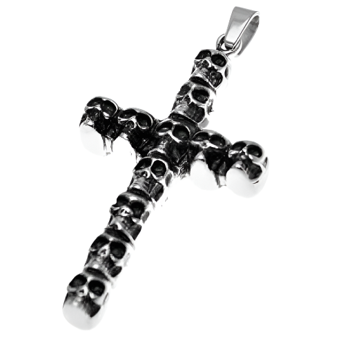 Stainless Steel Cross with Stacked Skull Head Design