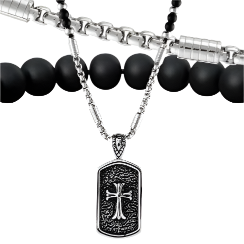 Beaded Necklace With Stainless Steel Dog Tag Cross Pendant and Chain 24”