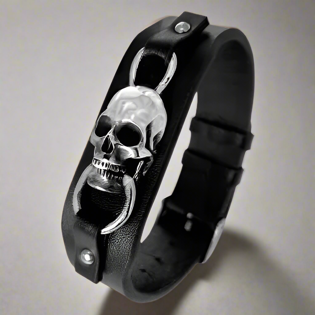 Wide Leather Belt Bracelet with Stainless Steel Skull