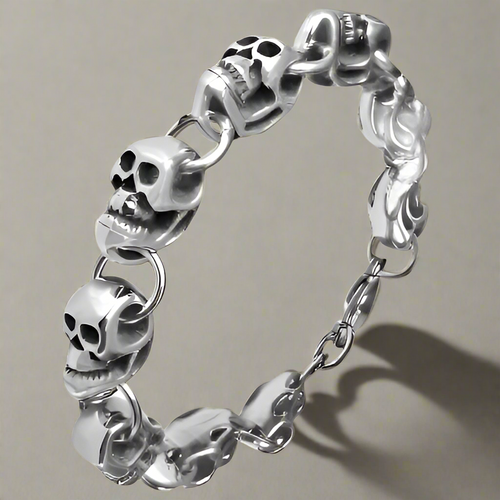 Stainless Steel Wide Skull Heads As Links Around The Bracelet