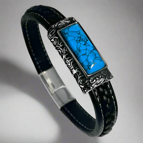 Stainless Steel & Leather Bracelet with Turquoise Stone