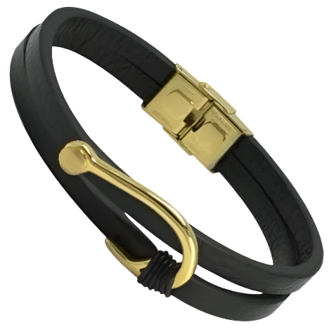 Stainless Steel & Leather 14kt Gold Plated Bracelet