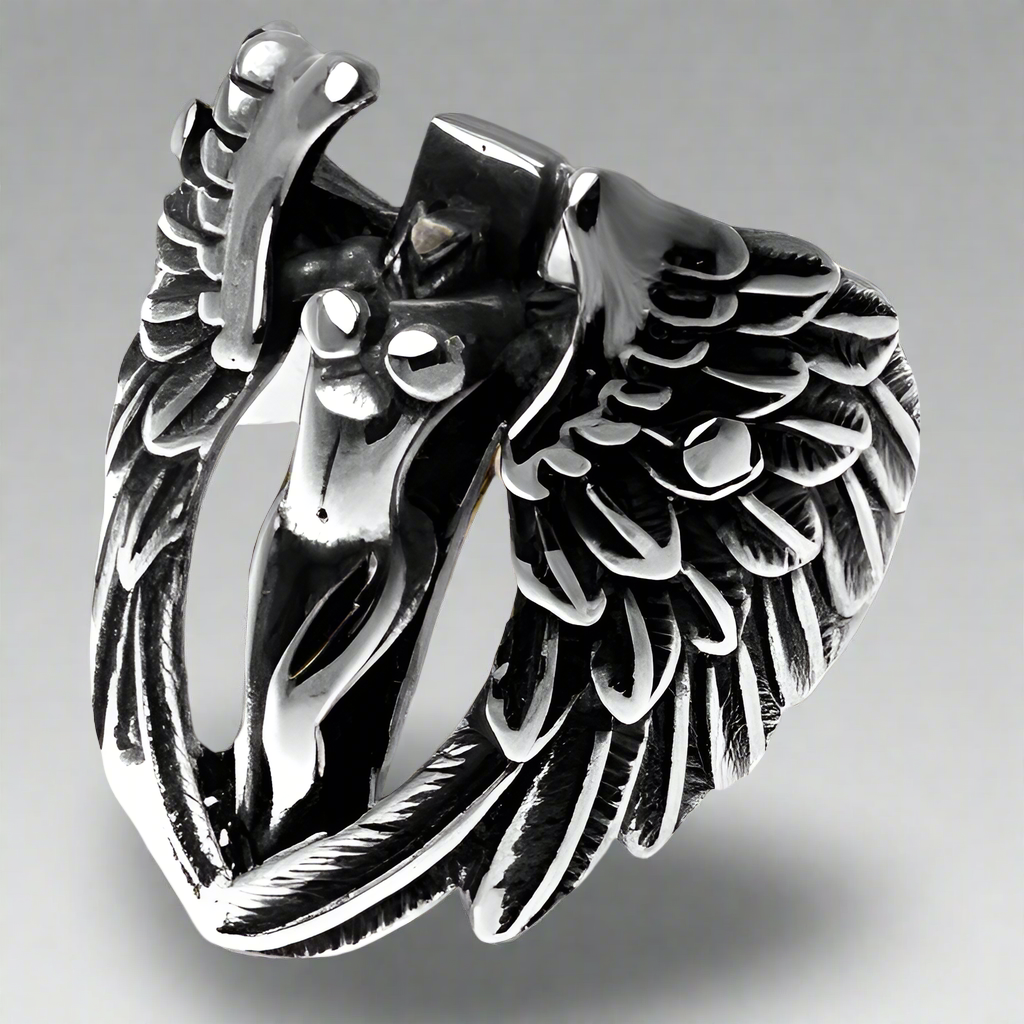 Stainless Steel Winged Female Angel on a Cross Ring