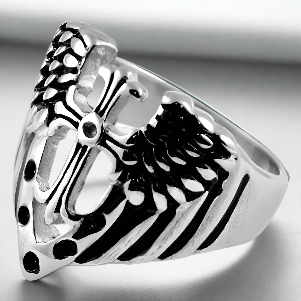 Stainless Steel Ring With Cross And Wings