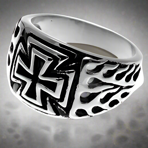 Stainless Steel Biker Ring w/ Maltese Cross and Flame Design 16 mm wide