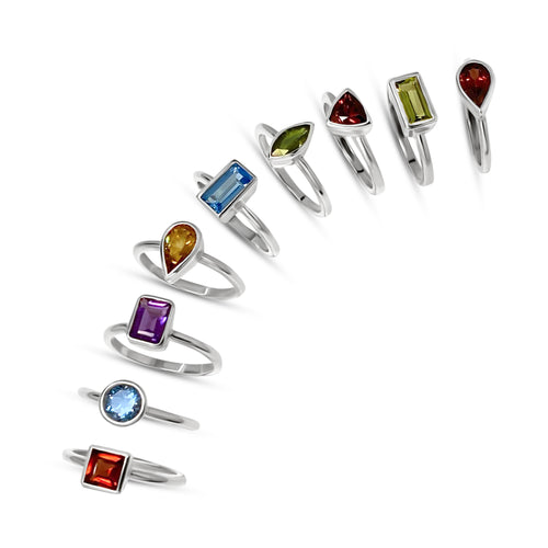 Bold bezel set gemstone that is nicely placed on a thin band and is available in all shapes and colors