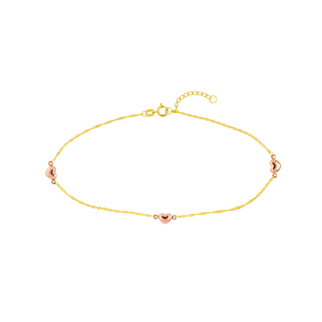 Two-Tone Rose Heart Trio 14kt Gold Adjustable Anklet