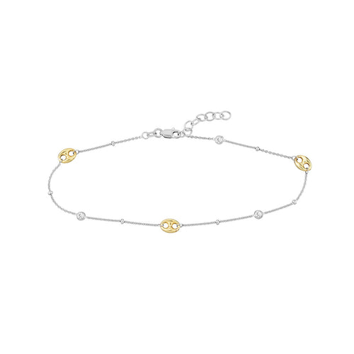 Adjustable Sterling Silver and 14kt Gold Plated Link with CZ Anklet 10