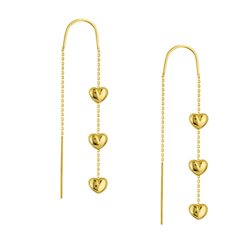 Triple-Puffed Heart Threader 14kt Gold Earrings