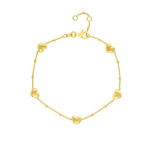 Puffed Heart Stations Bracelet with Saturn 14kt Gold Chain